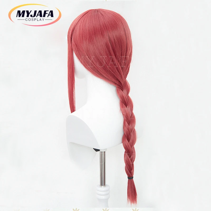 High Quality Makima Cosplay Wig Anime Chainsaw Man Cosplay Long Coral Pink Braided Heat Resistant Hair Role Play Wigs + Wig Cap