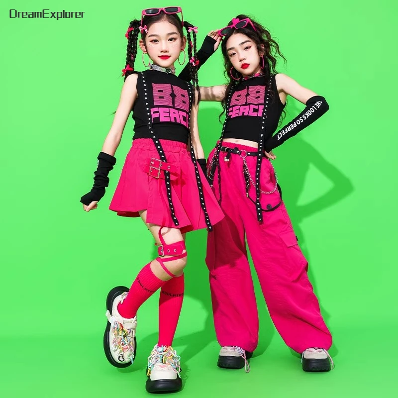 

Girls Hip Hop Crop Top Cargo Pants Child Summer Street Dance Skirts Kids Streetwear Jazz Sweet Costumes Cheerleader Clothes Sets