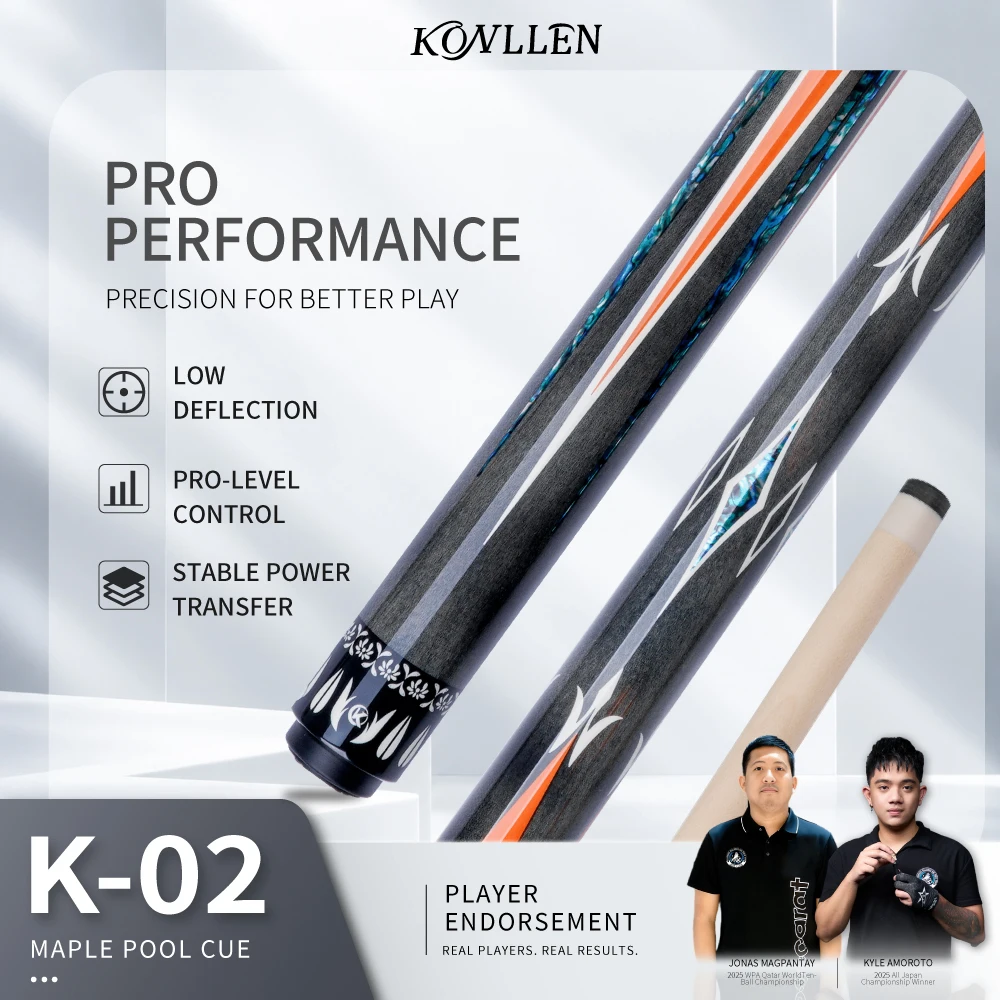 KONLLEN Maple Pool Cue K-02 Series Low Deflection Profession Ultra-smooth Carbon Tube Inside Billiard Pool Sticks with 12mm Tip