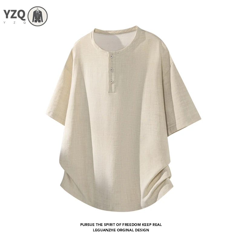 Mens Oversized Loose Short Sleeve Top Mandarin Henley Collar Linen Blend T‑Shirt For Outdoor Walking Shopping Daily Relax Outfit view 2