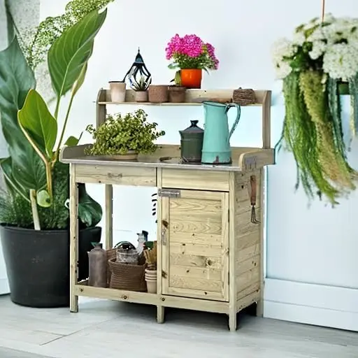 Wooden Potting Bench Tables, Fir Work Station Table Outdoor Garden Potting Table with Cabinet, Hook, Storage Bottom Shelf,