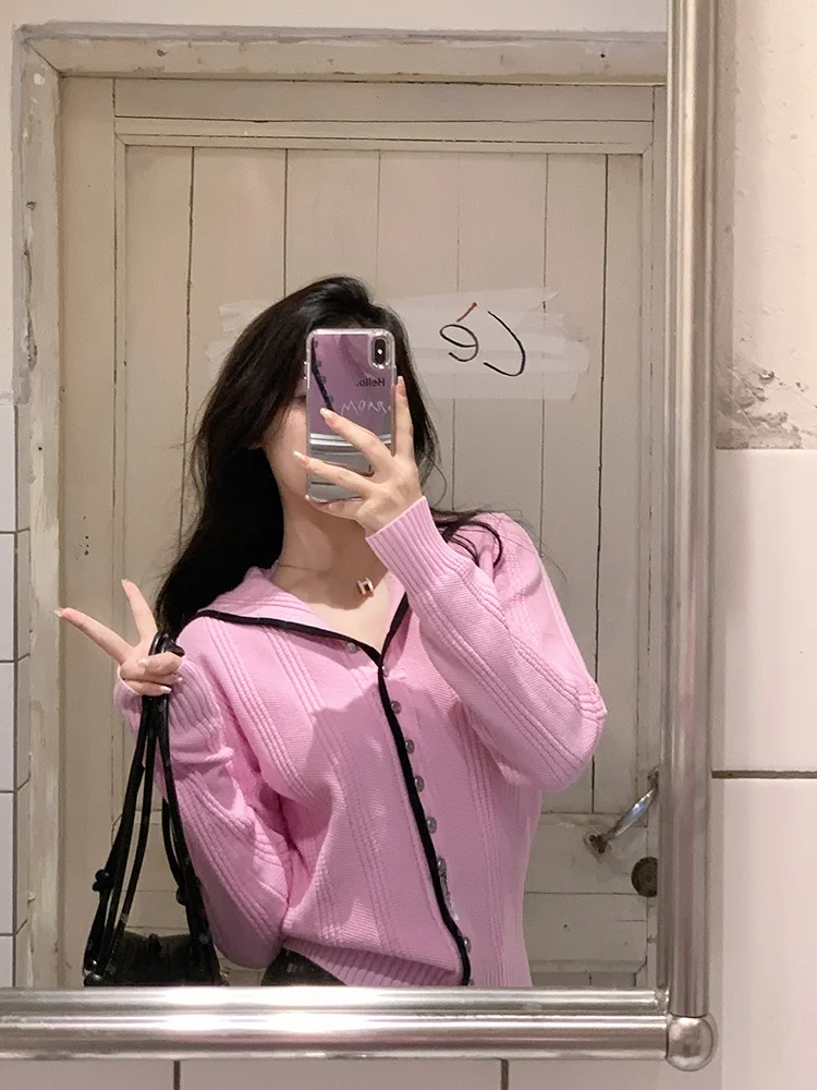 

Розовый вязаный кардиган с контрастными вставками и воротником-стойкой, приталенный, для женщин, весна-осень, дизайнерский, вязаный свитер