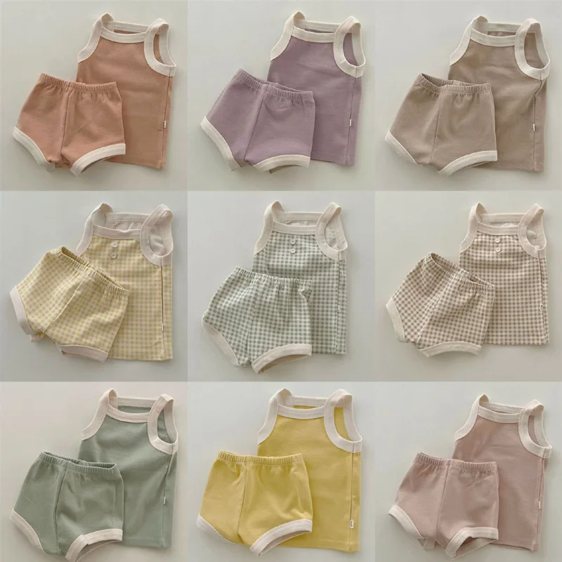 

2026 Summer New Baby Sleeveless Clothes Set Infant Boy Girl Thin Vest + Shorts 2pcs Suit Cotton Toddler Casual Plaid Outfits