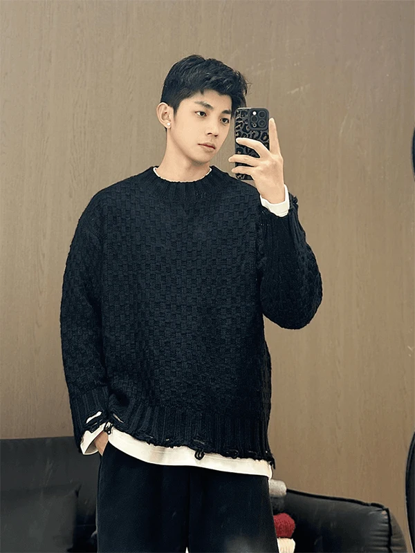 

Свободный мужской вязаный свитер Bla round Ne id с узором и отверстиями, повседневный дизайн из полиэфирного волокна, длинный све, осенняя одежда