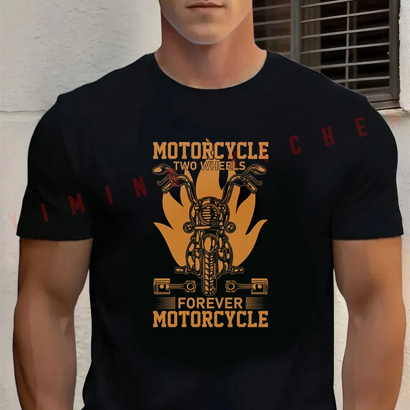 

Motorcycle Two Wheels Forever Graphic T-Shirt Men‘s Cotton Summer Short-sleeved Casual Streetwear Tops Tee