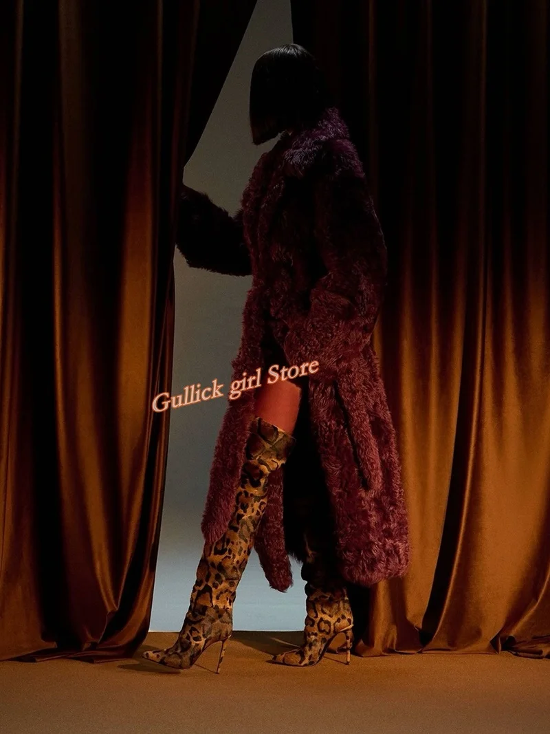 

Леопардовые сапоги выше колена на тонком высоком каблуке-шпильке, пикантные зимние женские модельные туфли с острым носком на молнии, 2025 г.