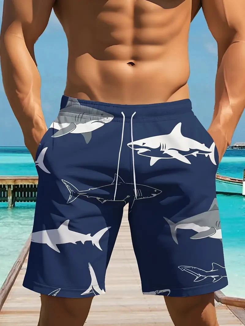 

Новинка 2023 года, мужские плавки, темно-синий фон, пляжные шорты с рисунком акулы, шорты для плавания и серфинга, мужская одежда