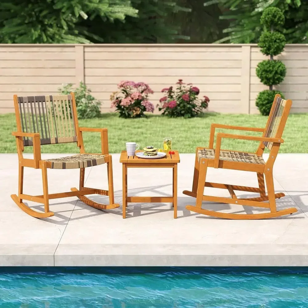 Acacia Wood 3-Piece Patio Rocking Set with Rattan Seats and Square Side Table for Outdoor Bistro
