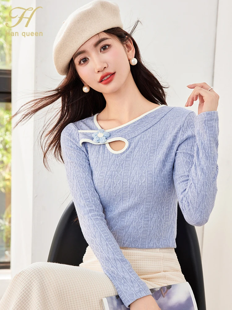 H Han Queen 2024 Autumn Women Tee Elegant Long Sleeve Office Basic Bottom Vintage Pullovers T-Shirt Loose Casual Woman Clothing