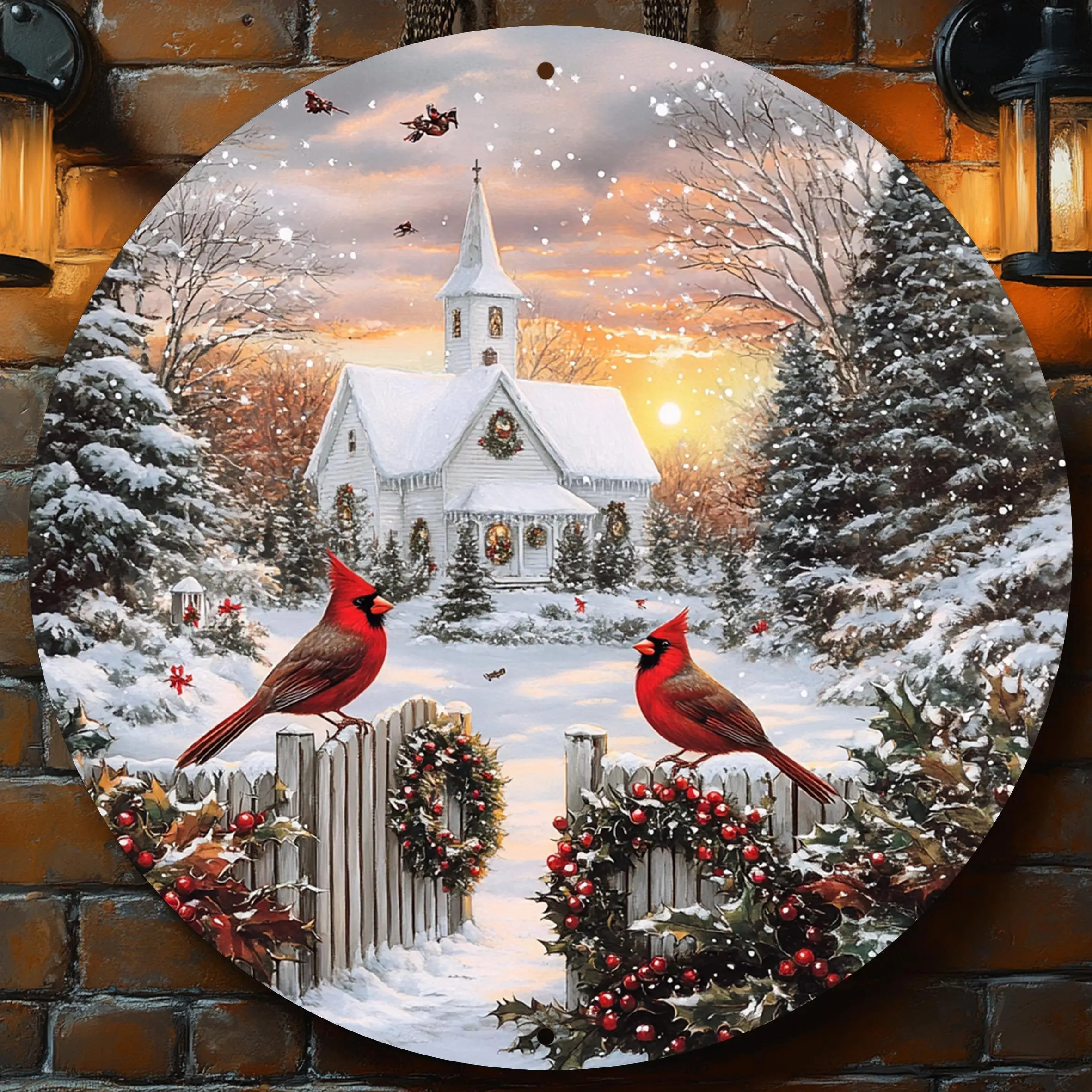 2D Flat, Vintage Winter Church Scene Round Metal Wall Decor - 8x8 Snow with Red Cardinals, Holly Berries & Sunset Tones - Durabl