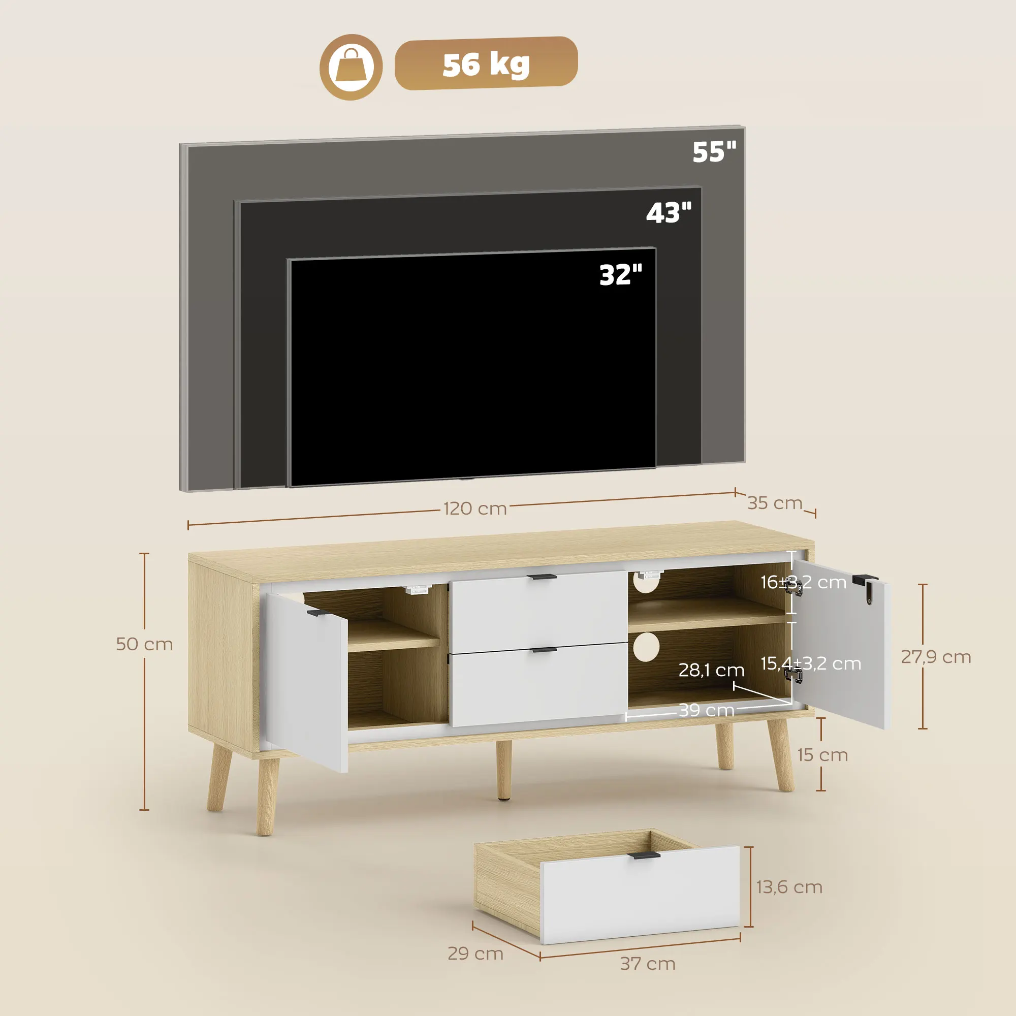 HOMCOM Mueble de TV Moderno de 2 Puertas, Mesa TV para Salón con 2 Cajones, Orificios Pasacables, Estantes Extraíbles y Ajustables, para Televisión 55 Pulgadas, 120x35x50 cm, Blanco Brillo y Roble