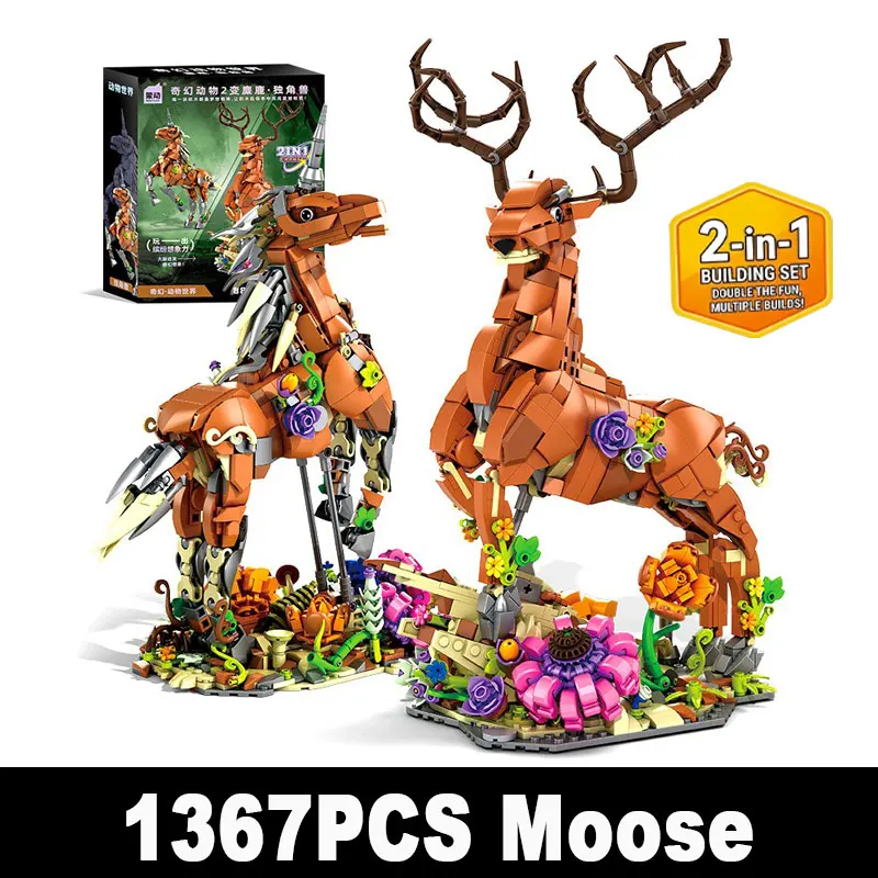 

66131 1367pcs 2-in-1 Animal Building Blocks Horse Deer Model Bricks Kit Creative DIY Educational Construction Toys For Kids