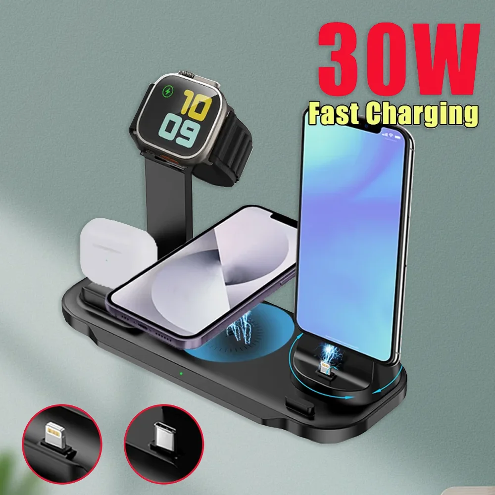 7 in 1 30W 360° Rotate Wireless Charger Stand Pad For iPhone Samsung Xiaomi iWatch 8 7 6 Airpods Pro Fast Charging Dock Station