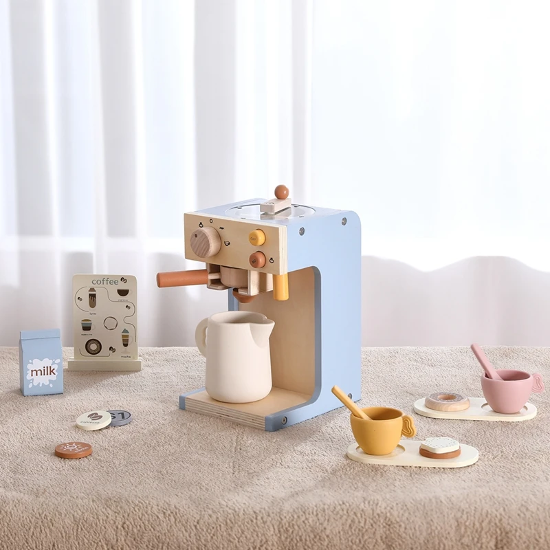 Kids Kitchen Toy Set Wooden Coffee Maker Set Simulation Cookie Maker Kit Pretend Play Educational Toy Block Educational Toy Gift