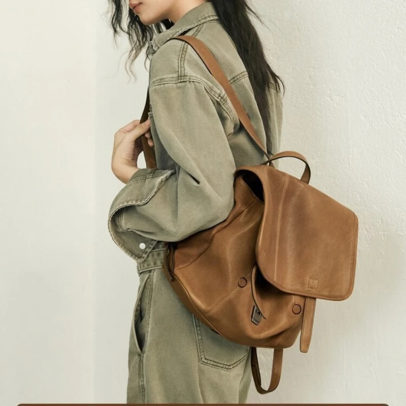 

QIUZHEN Vegetable-Tanned Sheepskin Messenger Series Large Capacity Backpack for Work Commuting & Leisure - 2025 New Arrival