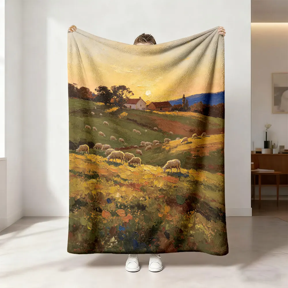 1Pc Dusk Ranch Sheep Oil Painting Flannel Blanket Multi Sizes Warm Cozy Throw Suitable For Sofa Leisure Office Break Nap Dail