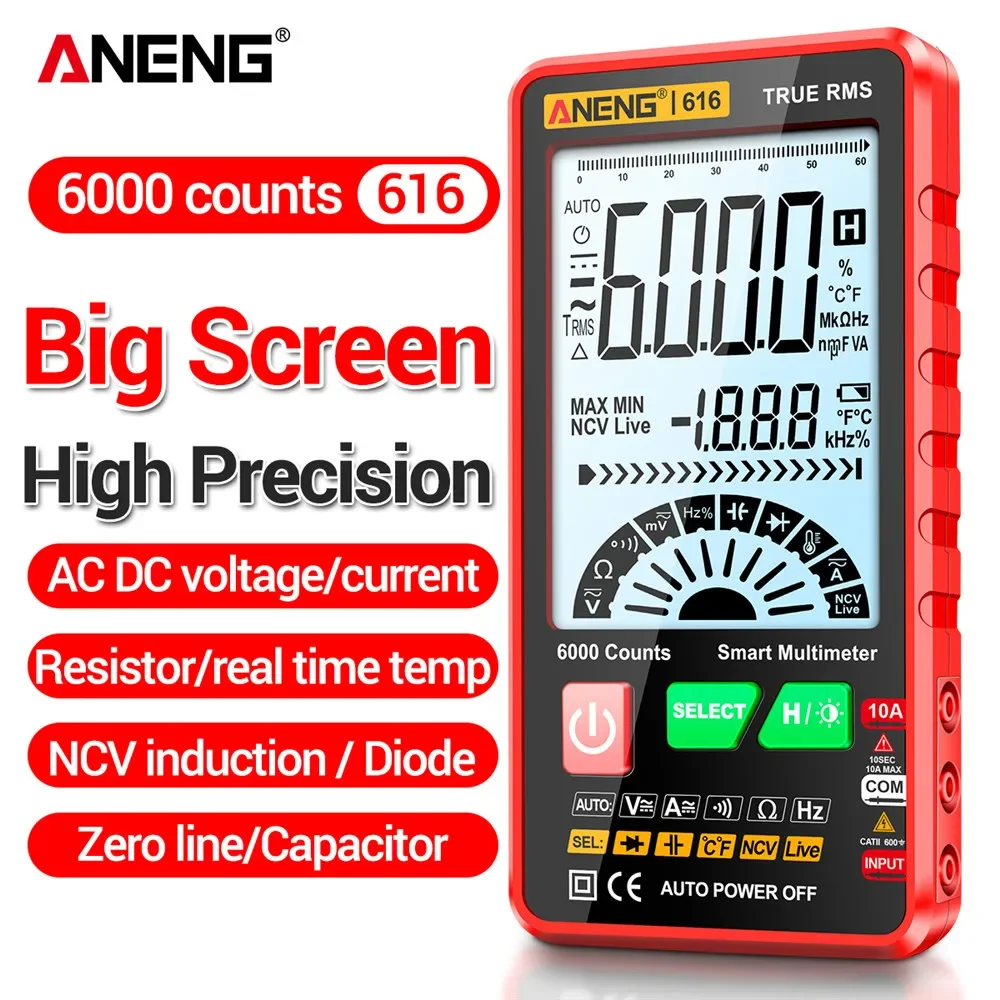 

ANENG 616 Large Screen Backlight Digital Multimeter 6000 Counts Ultra thin Intelligent AC DC Voltage Current Multímetro TestTool