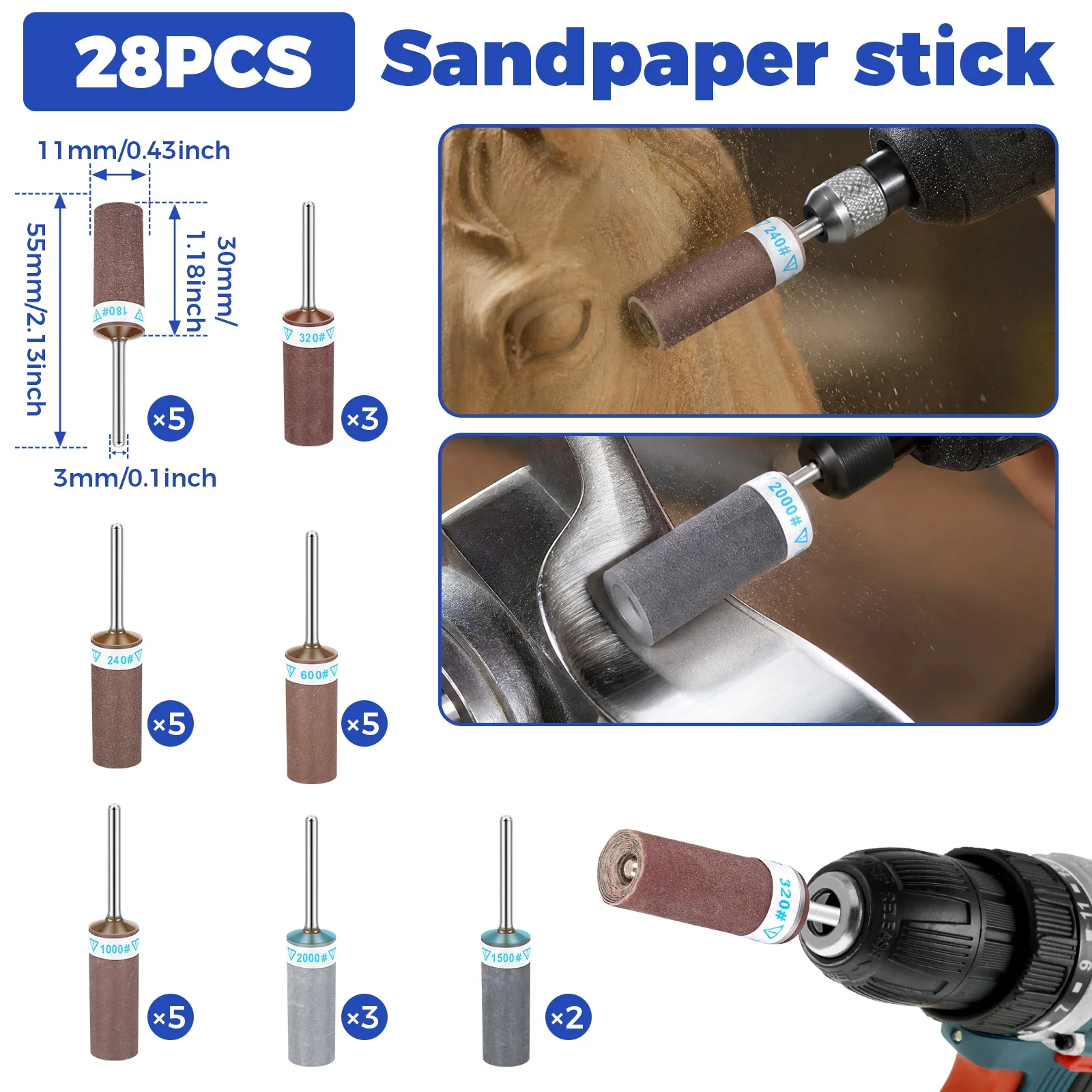 Sanding Drums 28PCS Assorted Grit Sanding Sleeves 180-2000 Grit Rotary Tool Polishing Wood Metal Jewelry Wet Dry