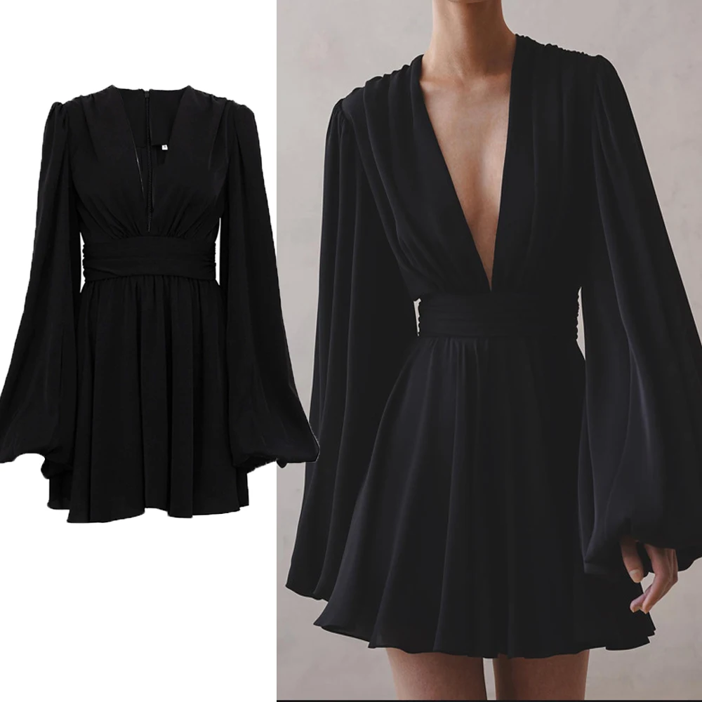 

DriftWear French Style Mini Dress Sexy VNeck Bubble Sleeve Dress with Waist Cincher High Waist Bodycon Short Dress for Night Out