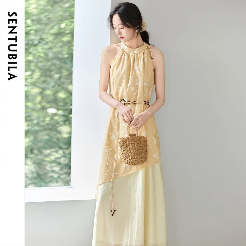 

SENTUBILA Women's Summer Dress 2025 Embroidery A-Line Long Dresses Vacation Elegance Style Irregular Hem Splice Detail 152L80493