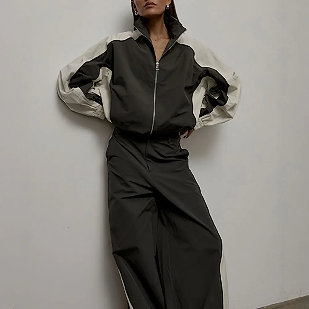 レディースカジュアルファッションコントラストドローストリングスポーツジャケット＆パンツセットヨーロッパアメリカンスタイルツーピーススーツ