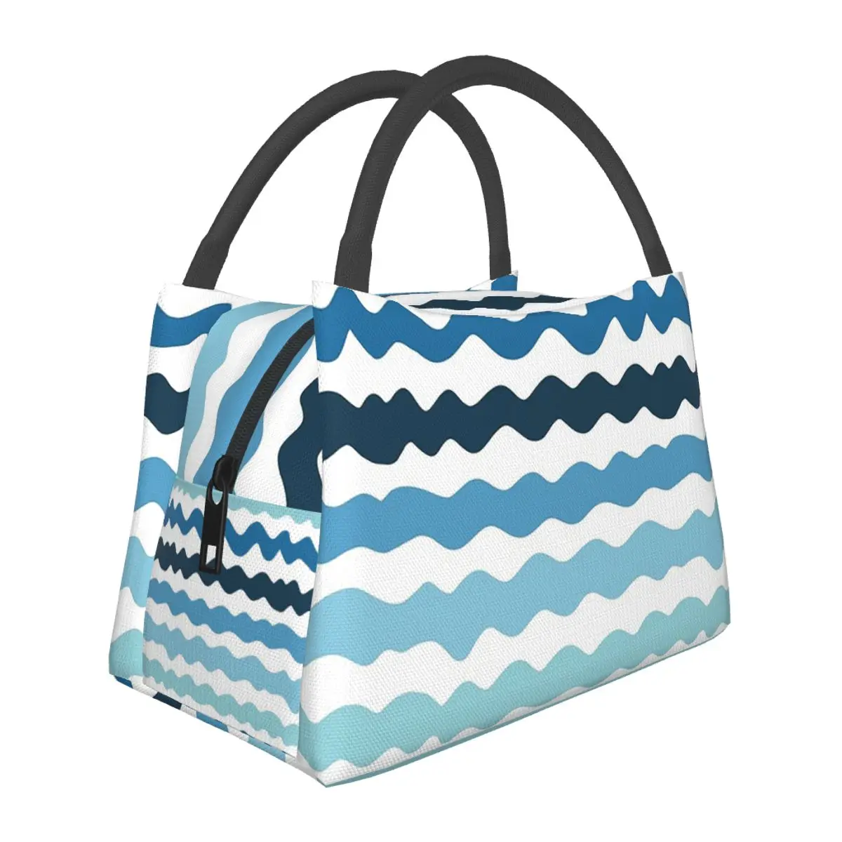 Abstract Blue Wave Pattern Calm Ocean Inspired Design Lightweight Handheld Insulated Lunch Bag Aluminum Foil Liner Travel Picnic