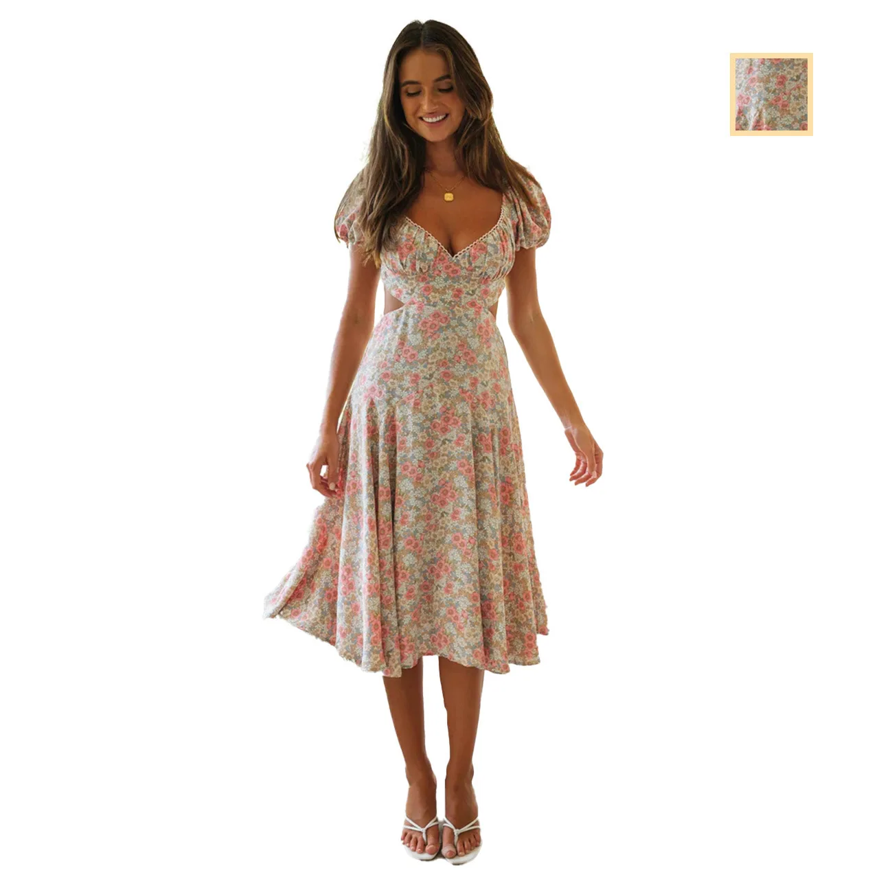 Neue europäische und amerikanische Mode Damenbekleidung AliExpress Digitaldruck Taille zurück hohles Schnürkleid 8