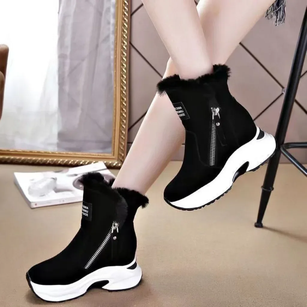 Womens Ankle Boots Warm Plus Fleece Thick Sole Winter Snow Boots  Fashion Side Zipper Wedge Outdoor Sneakers Botas Mujer 2024