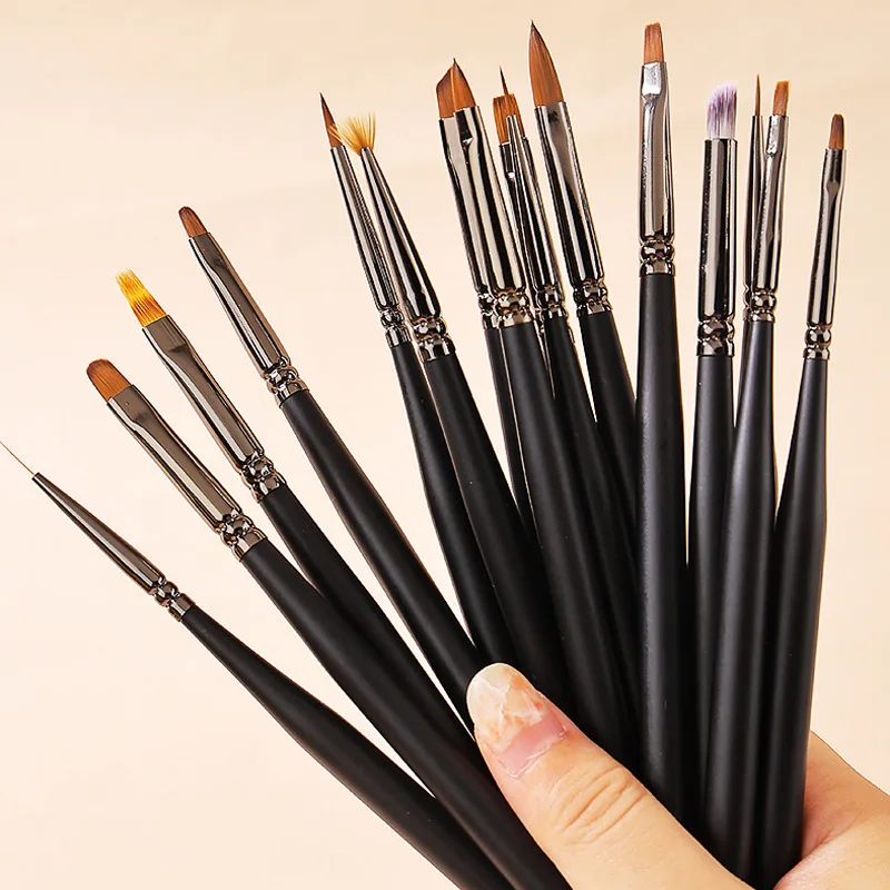 16Pcs Black Wooden Handle Nail Art Brush Set Soft Bristle With Caps & Leather Bag UV Gel Liner Gradient Flower Manicure Tools
