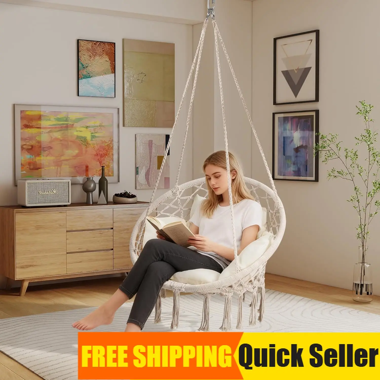 

BestsellerMacrame Hammock Hanging Swinging Chair With Medium Cushion, Perfect For Bedroom, Porch, Adults, Balcony, Beige