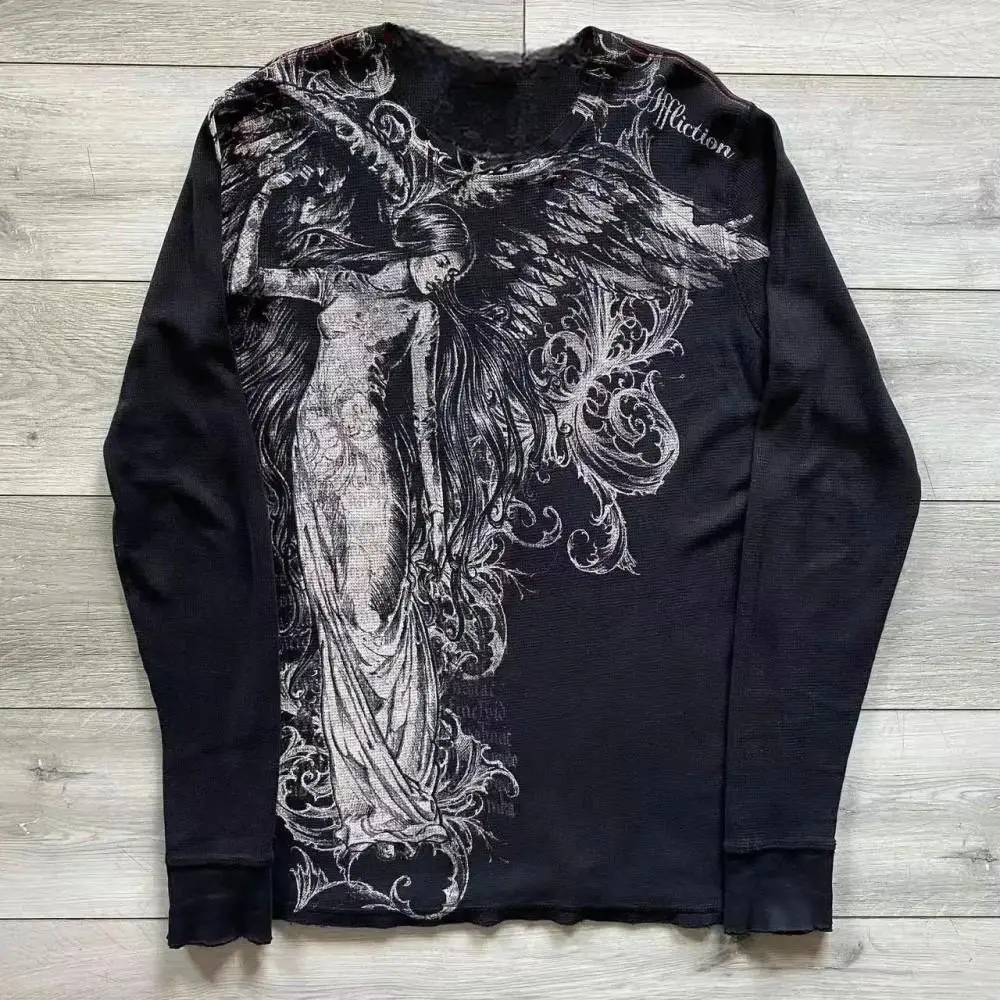 Fashionable Men's Autumn Personalized Skull Letter Print Micro Elastic Comfortable Long-Sleeved T-Shirt Outdoor Street Style Top