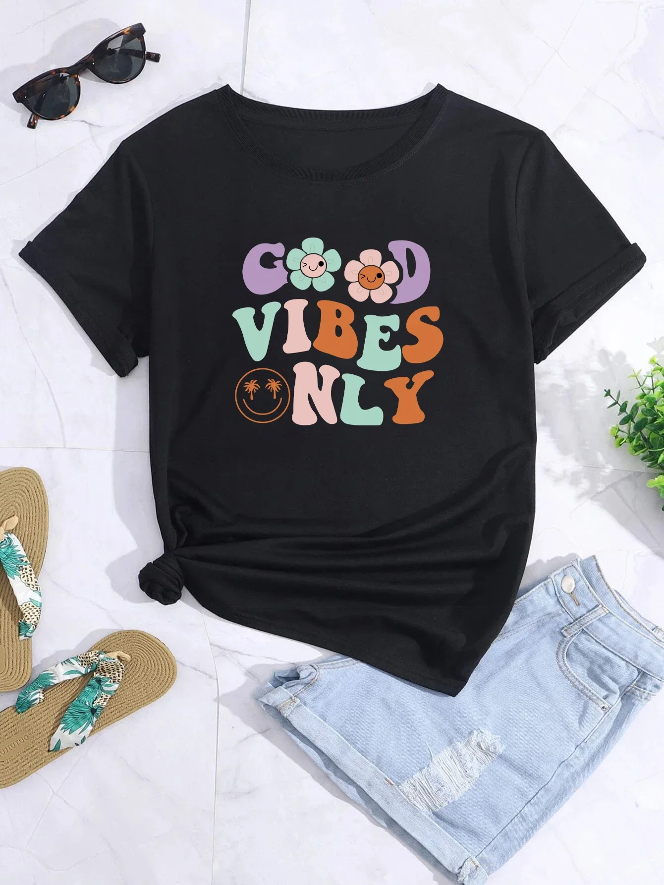 Casual Round Neck Tees Top Tee Women's smile And Letter 