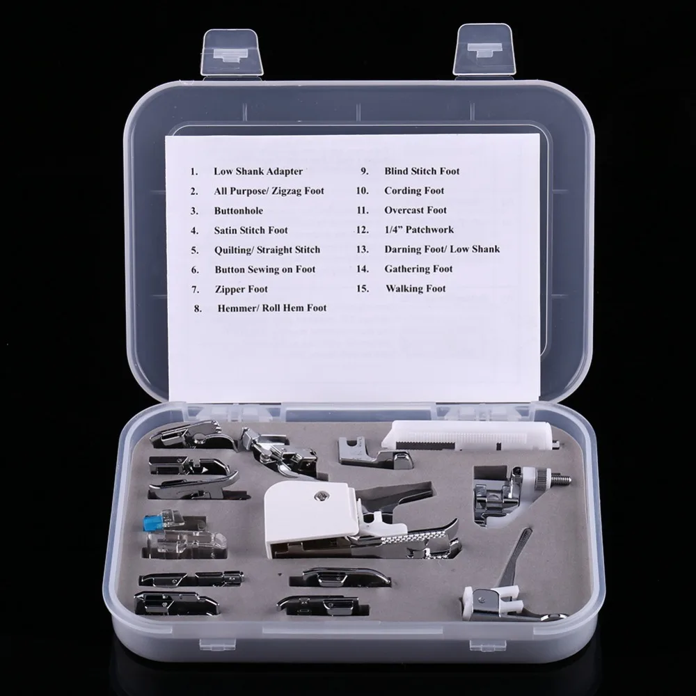 15pcs Professional Presser Foot Kit Alloy Plastic Case Universal Feet Set Universal Multiple Functions