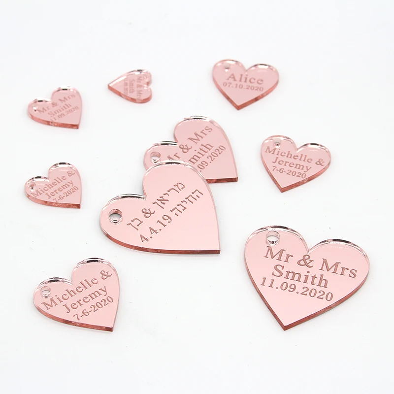 Etiquetas de corazones de amor con nombre grabado personalizado, decoración de mesa de fiesta de boda, suministros de bautismo de boda, 50 piezas