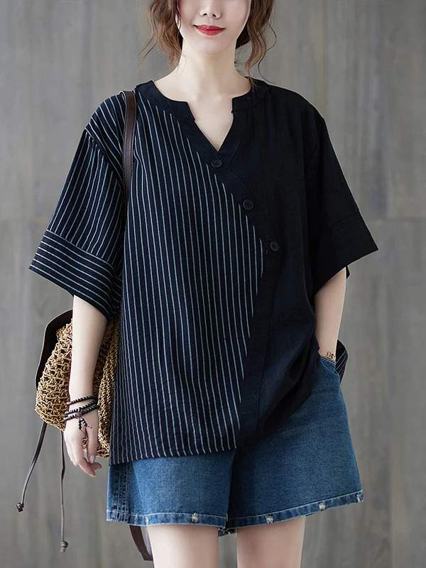 

Loose V-Ne Striped irt Women's Casual Comfortable Korean Sle Asymmetric Splicing Summer Faion Top plus Size