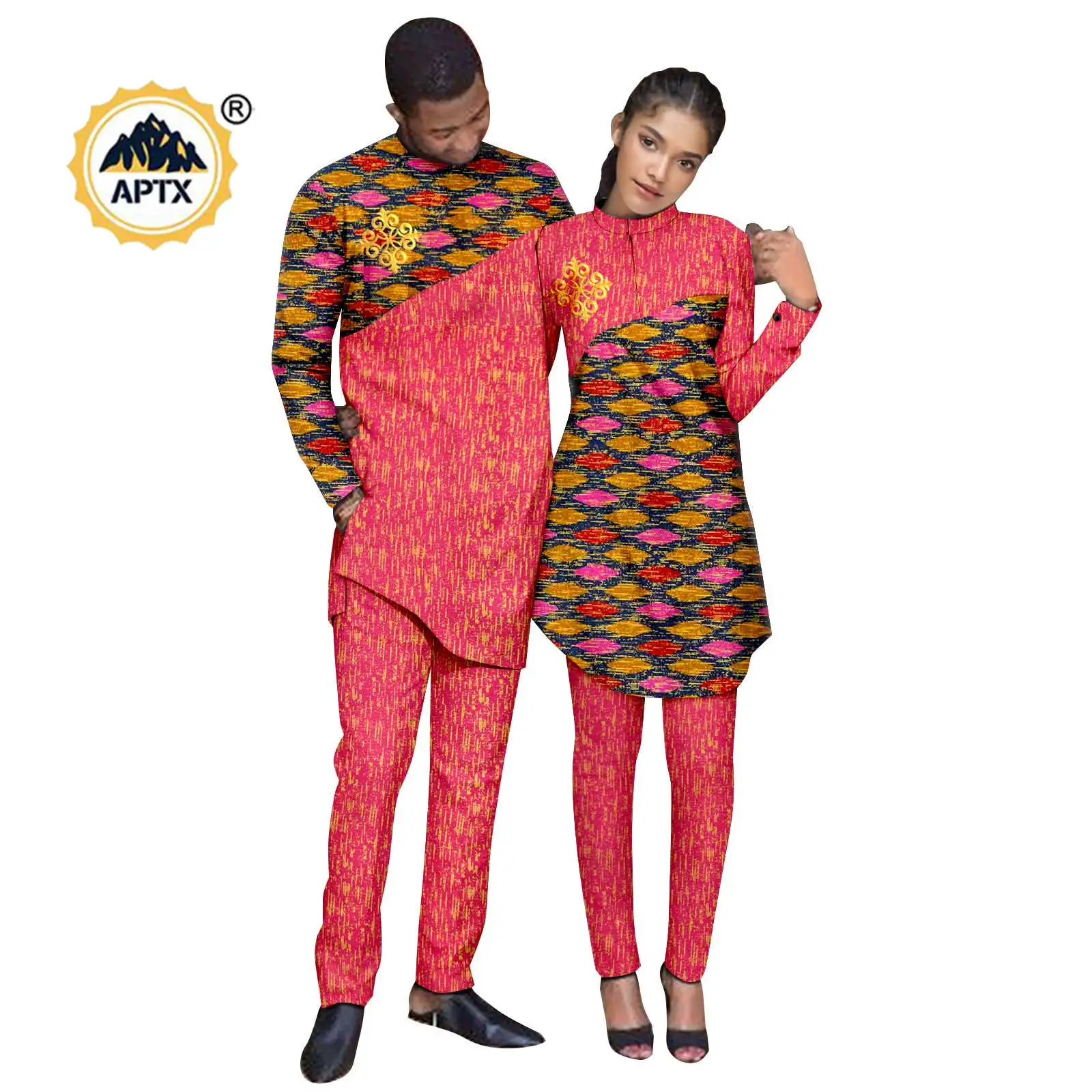 

African Couple Matching Clothes Women Print Appliques Top and Pant Dashiki Men Outfits 2 Pieces Sets Bazin Riche Wedding 24C079