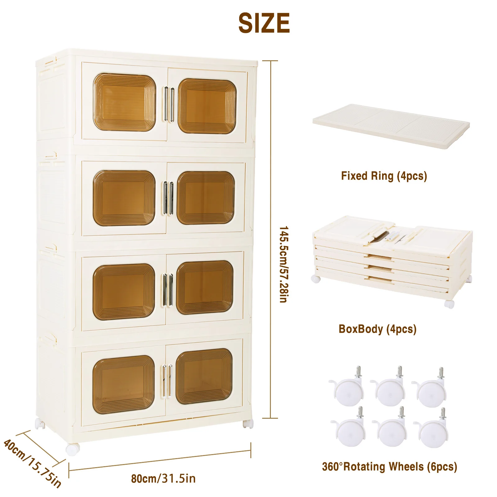 4 Pack Foldable Storage Box with Wheels and Magnetic Doors Stackable Storage Container Plastic Storage Bins for Home