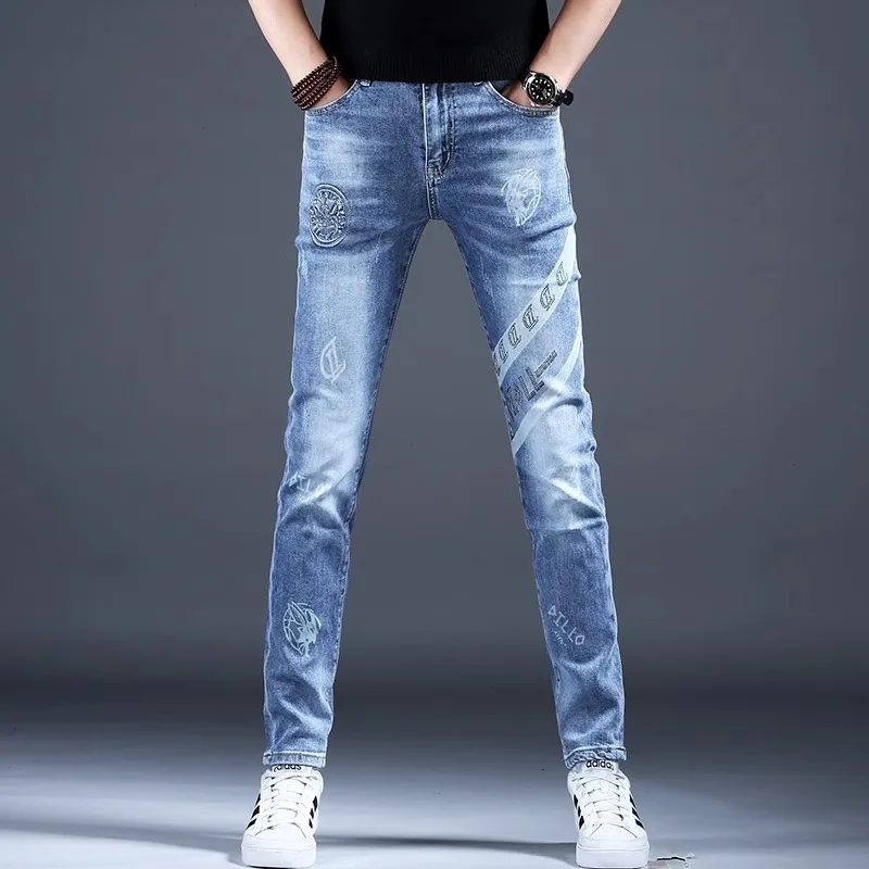 New 2026 Printed Stretch Jeans for Men Spring Autumn Trendy Men's Fashion Slim Fit for Men Tight Long Jeans Cowboy Pants Man