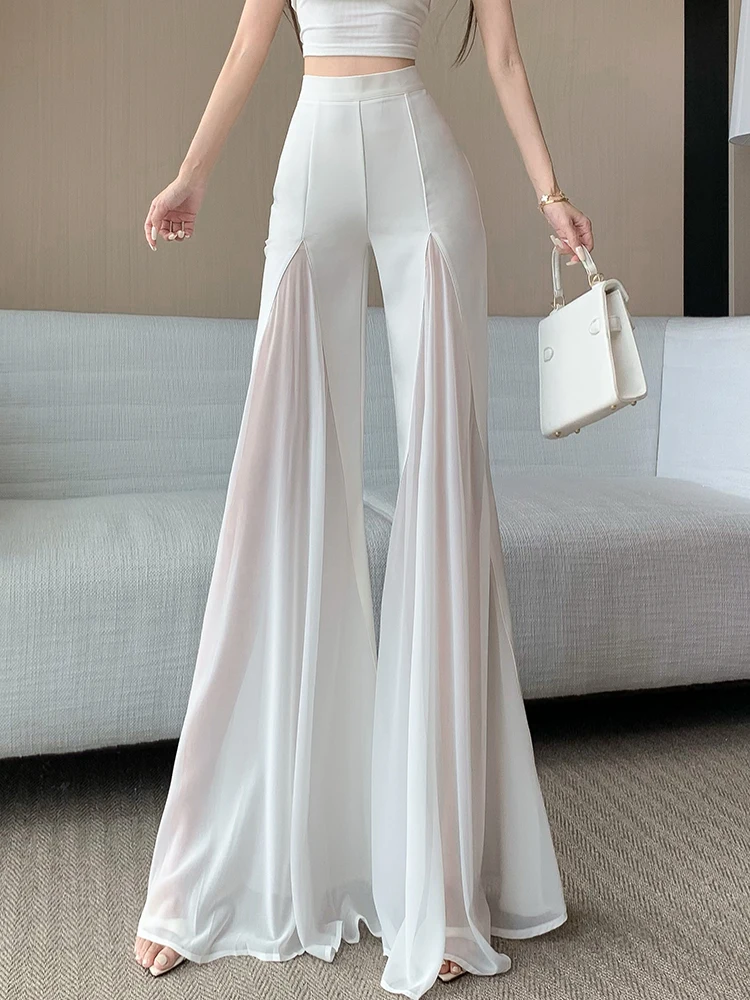 سراويل بيضاء شبكية على شكل ذيل السمكة للسيدات صيفية بتصميم رفيع بخصر عالٍ معلقة وملمس أنيق من الشيفون بأرجل واسعة