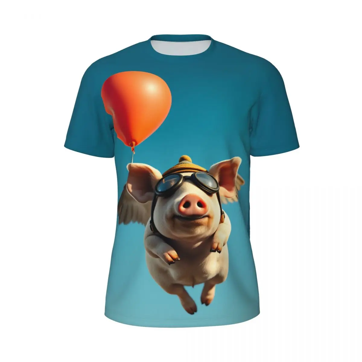A Pig Flying Through The Air With A Red Balloon T-Shirt Men Y2K Retro Sports T-Shirts Comfortable Summer Hippie Tee Shirt