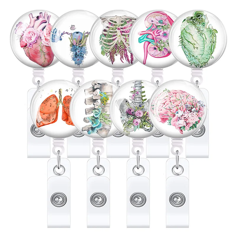 2024 New Design 1 Piece ABS Retractable Nurse Badge Reel Anime Floral Human Organs Doctor ID Card Holder Keychains Lanyard