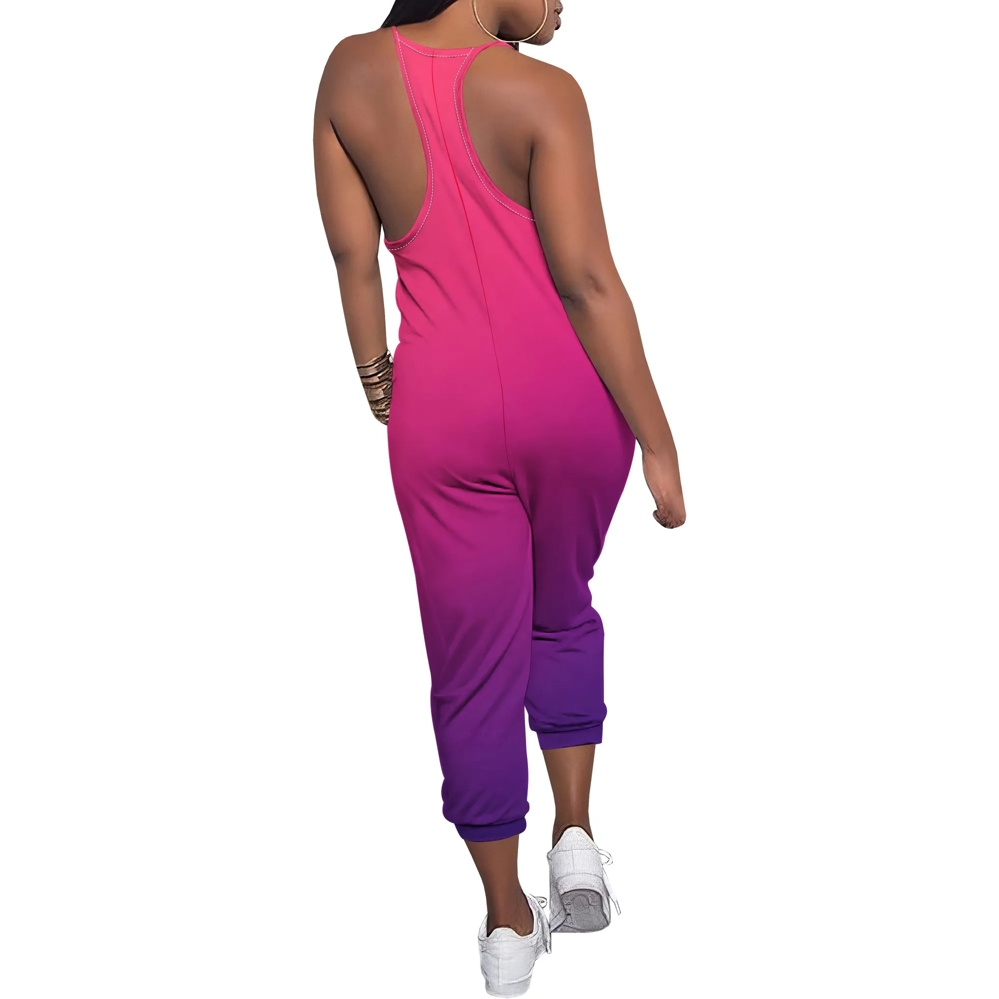 

Women's Sexy V Neck Sleeveless Racerback Jumpsuit Fashion Gradient Printed Long Pants with Pockets Casual Rompers