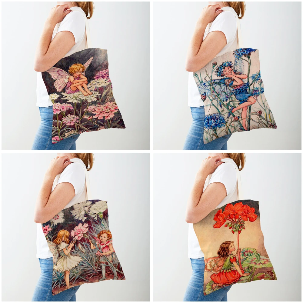 Both Print Cartoon Flower Girl Shopping Bag for Women Child Shopper Bag Casual Fairy Tale World Elves Canvas Shoulder Handbag