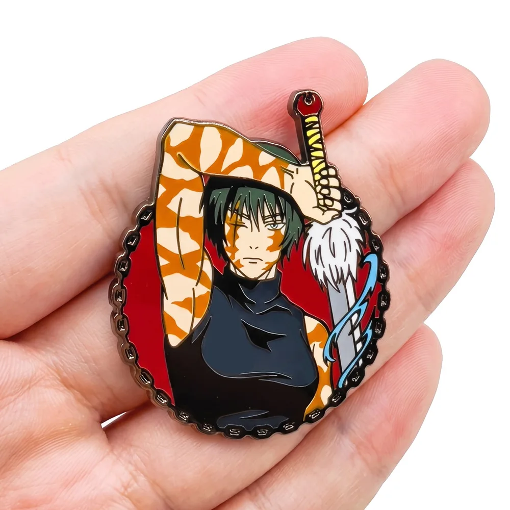 Image of Zenin Maki Emaille-Anstecknadeln, Anime Jujutsu Kaisen Abzeichen, Manga-Broschen für Rucksack, Tasche, Kleidung, Revers, ACG Cosplay Deko
