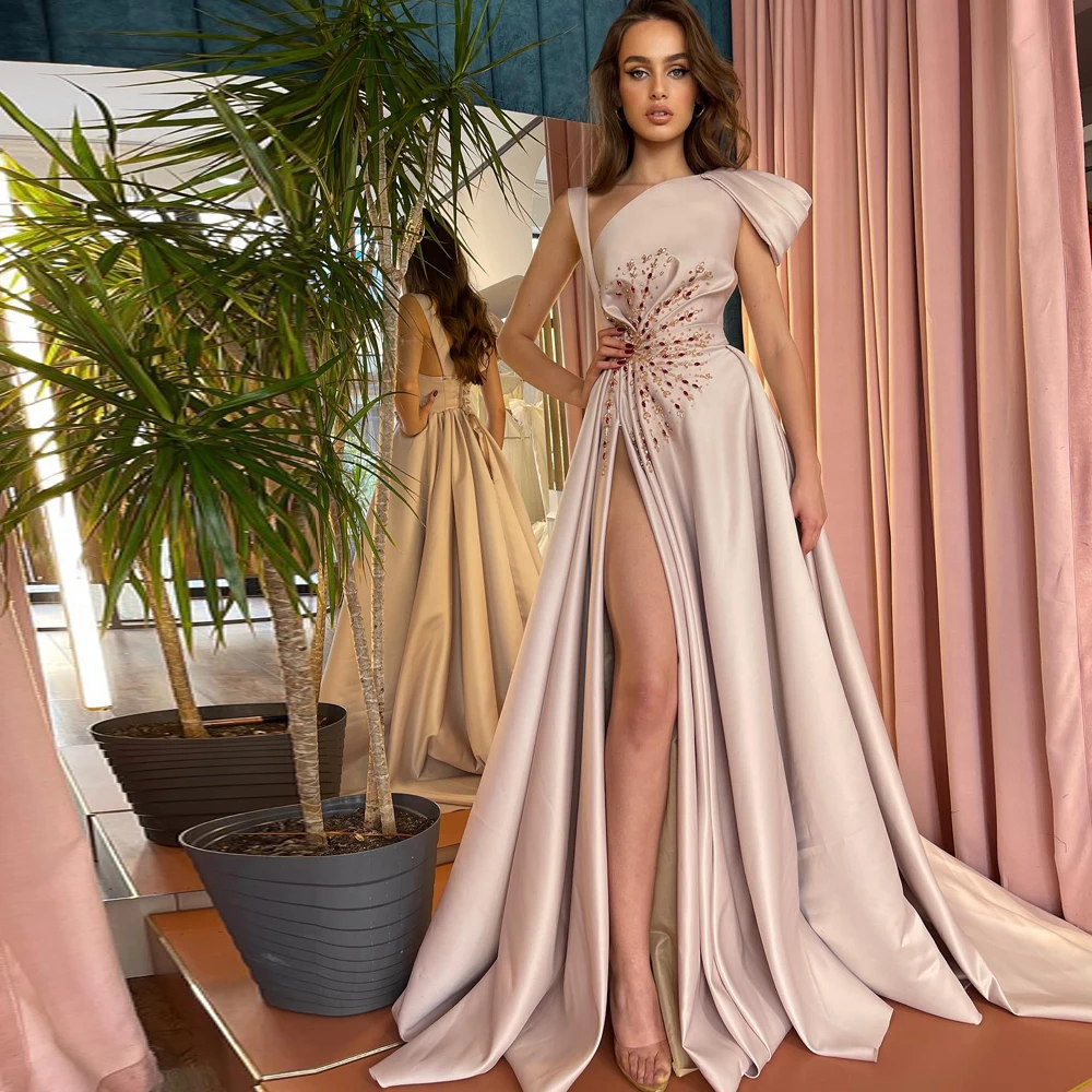 

Exquisite A-Line Satin Evening Dresses V Neck Short Sleeves Prom Occasion Gowns Beading Floor Length High Slit فساتين السهرة