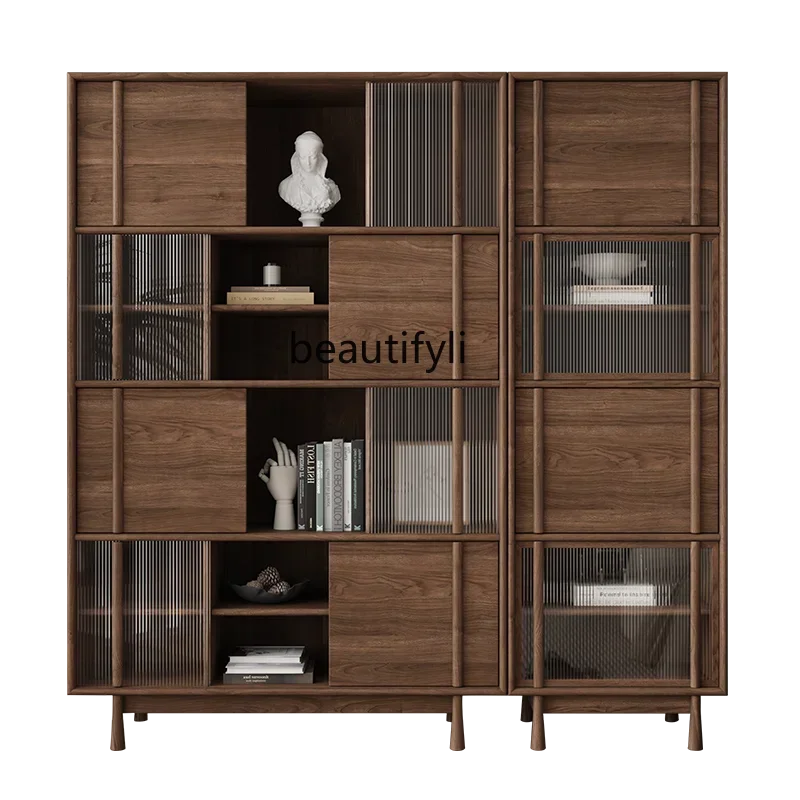 North American black walnut solid wood bookcase, locker, modern simple glass door study bookcase