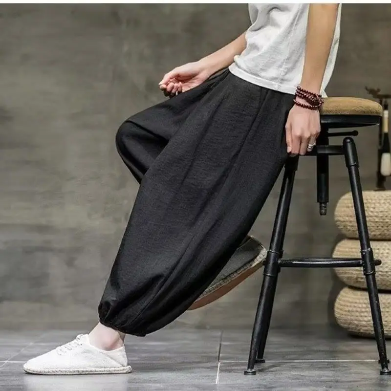 Linen Bloomers Trousers 2024 New Summer Men's Solid Color Elastic Mid Waist Drawstring High Street Loose Comfortable Pants
