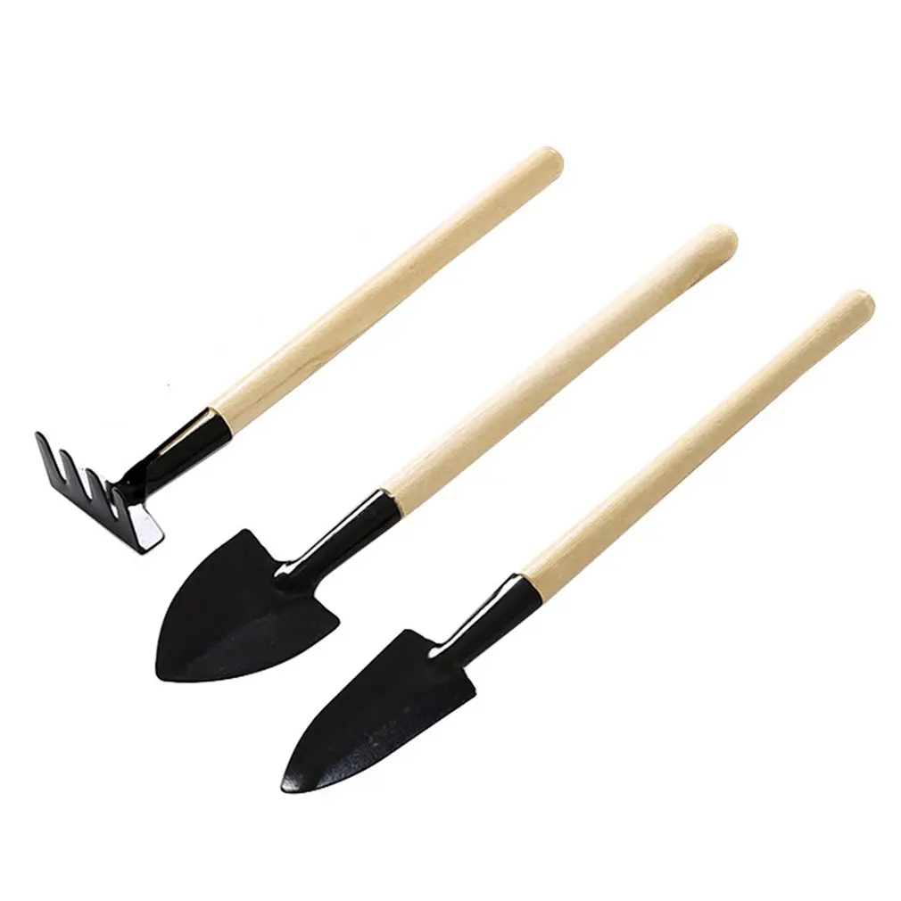 3Pcs Punho De Madeira Ferro Jardim Pá Rake Pá para Flores Vasos de Plantas Bonsai Mini Conjunto de Ferramentas de Jardinagem Cavando Capina