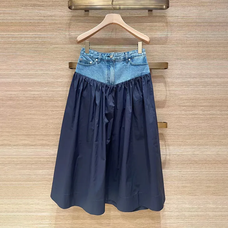 Niche 2026 Spring Summer Mid-Length Fluffy Fashion High Waist Denim Splice Cotton A-Line Skirt