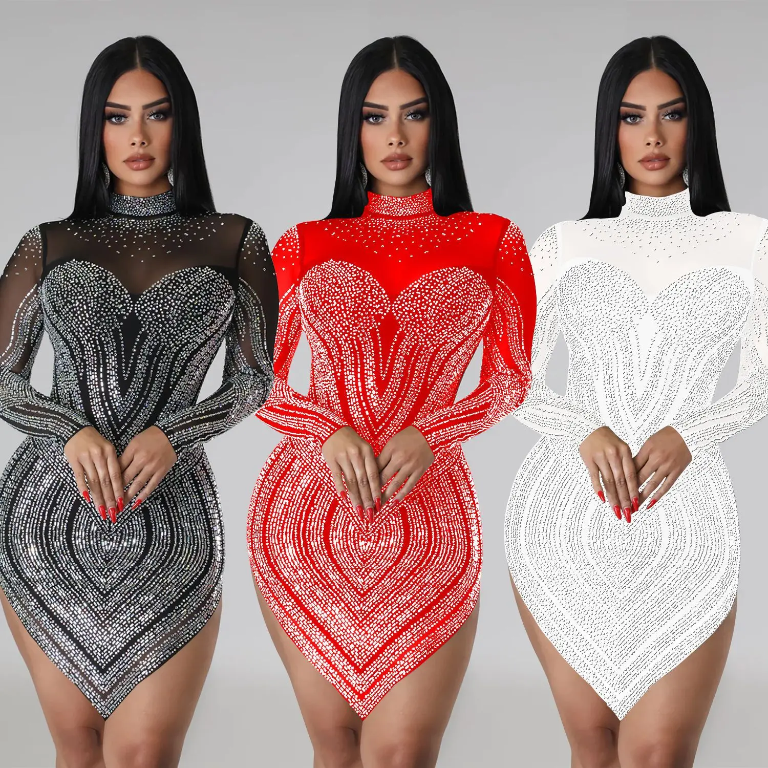 

Luxurious Shiny Diamond Sheer Mesh See Through Turtleneck Long Sleeve Mini Dress Sexy Party Evening Birthday Mini Dress